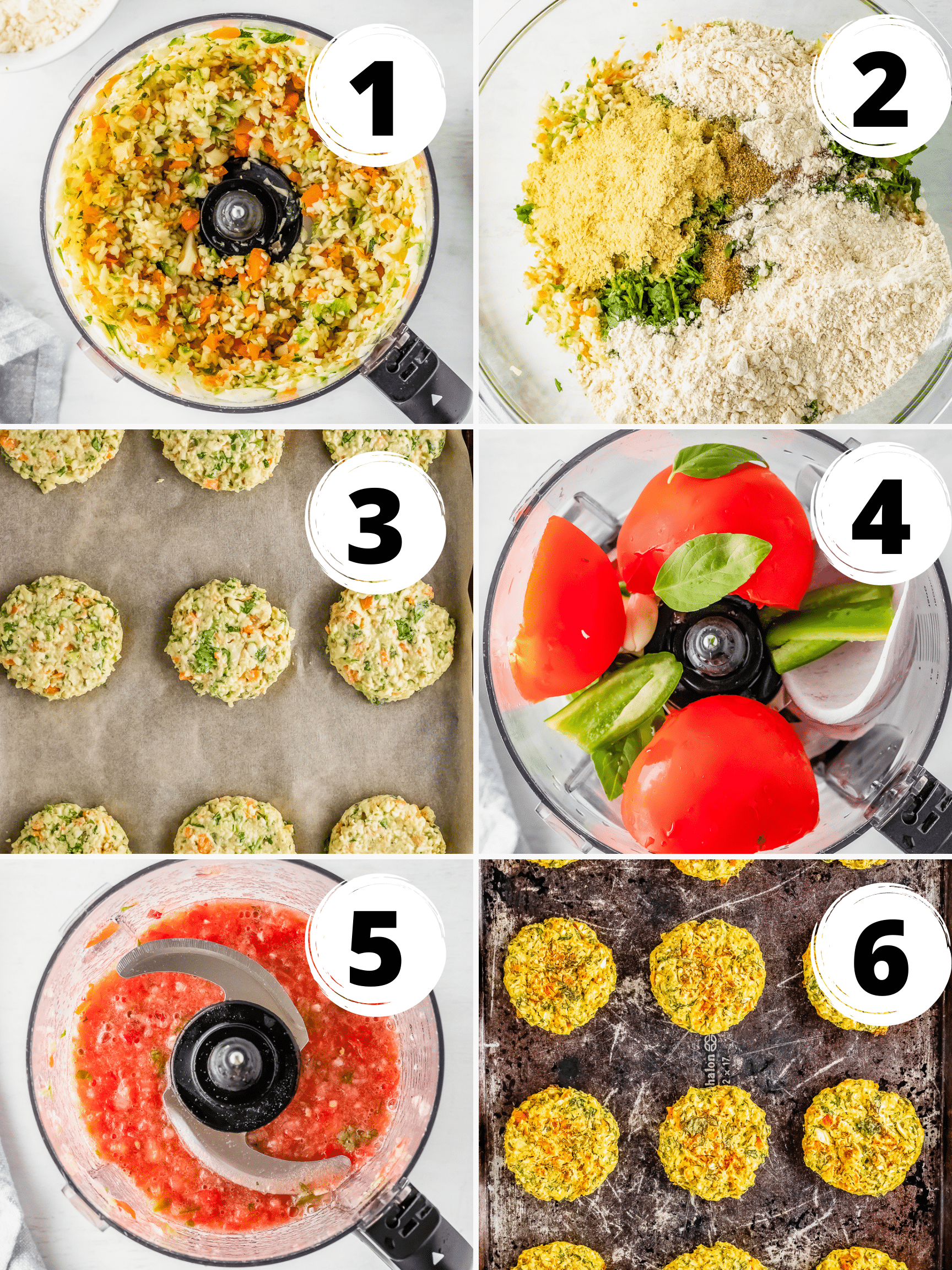 Collage of 6 steps to make vegan zucchini fritters and tomato salsa