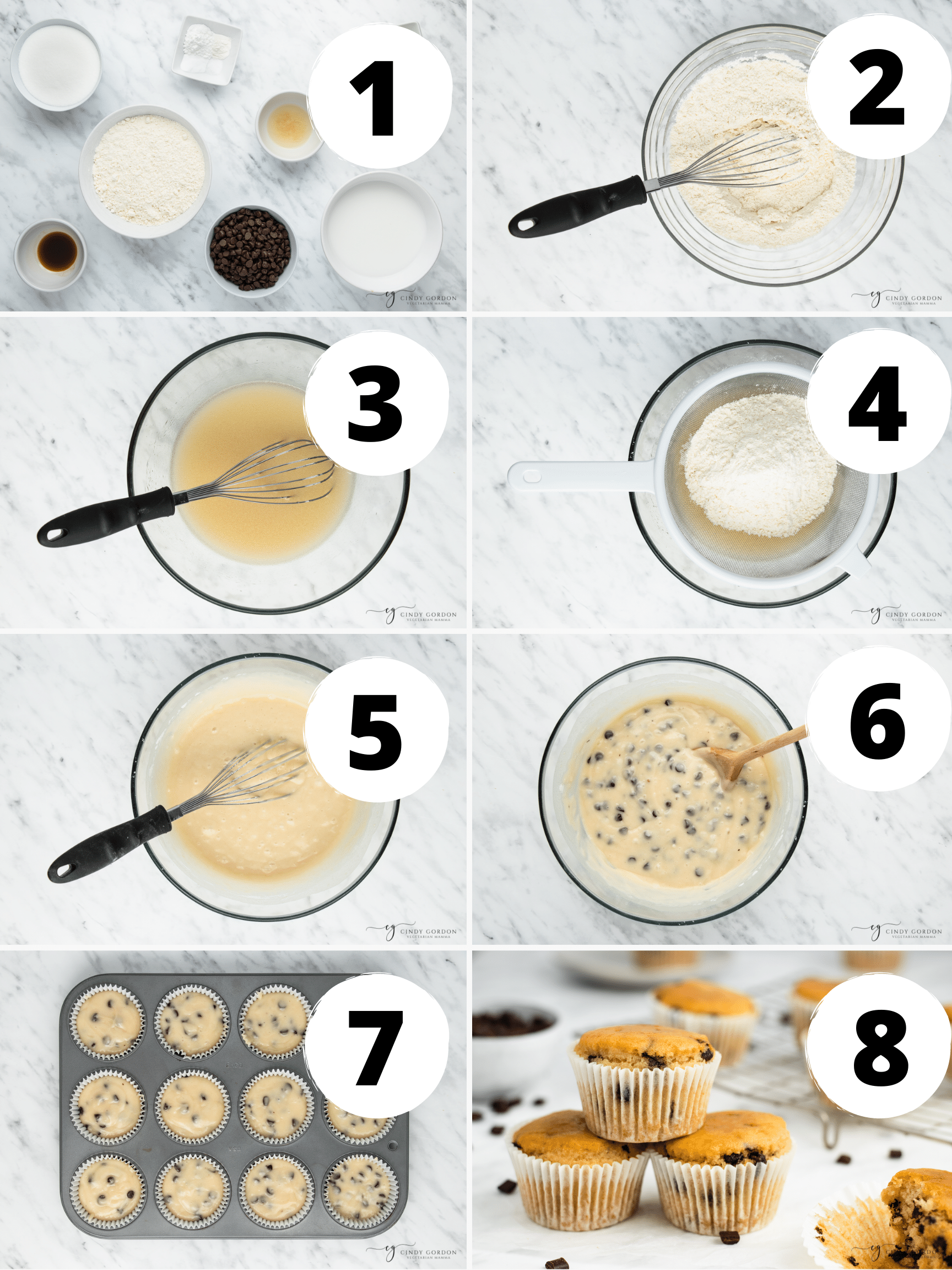 Collage of 8 steps to make the perfect vegan chocolate chip muffins