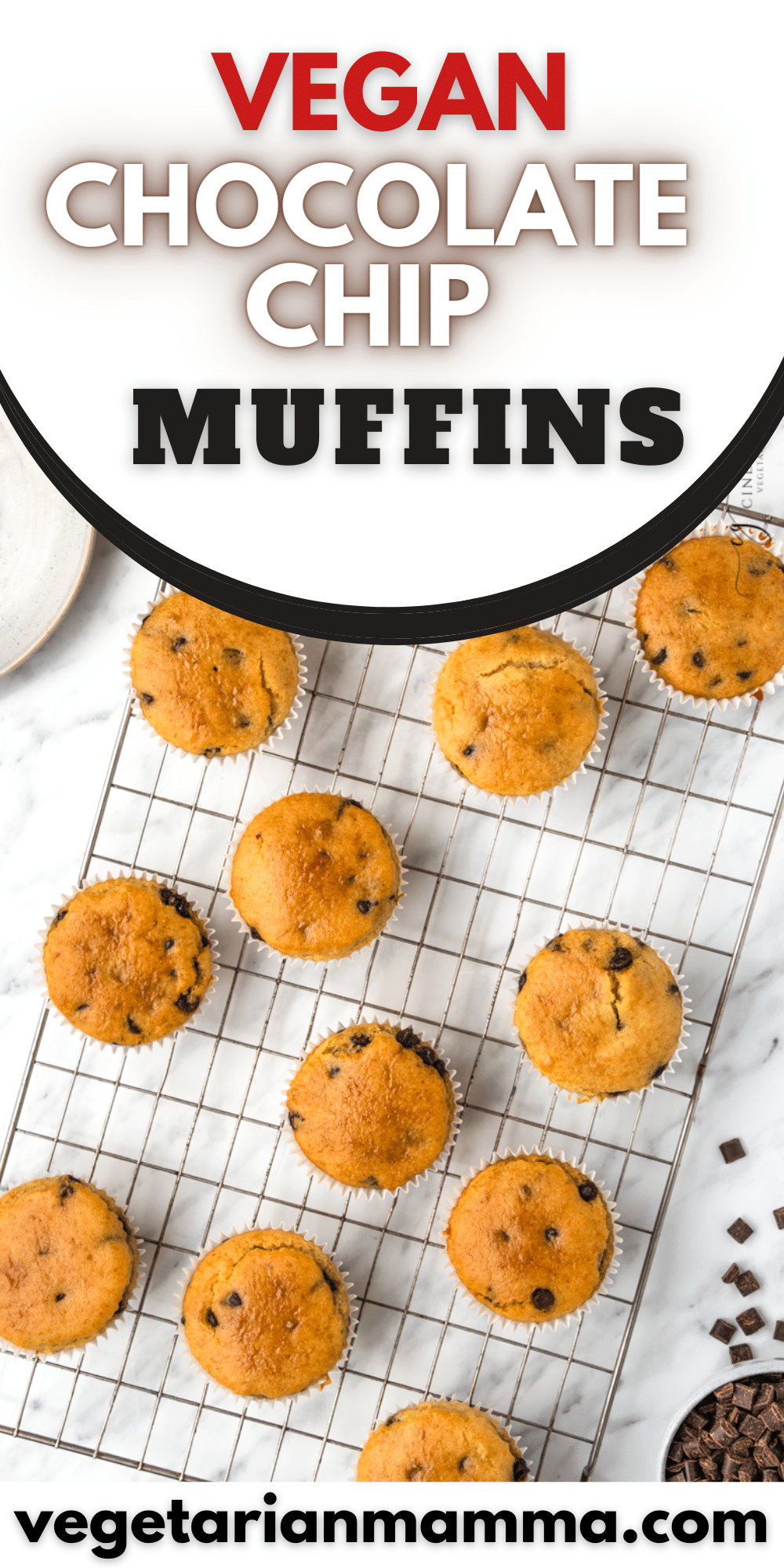 Vegan muffins on a cooling rack with overlay text