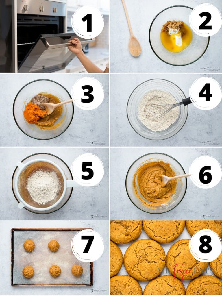 8 step collage for making vegan pumpkin cookies