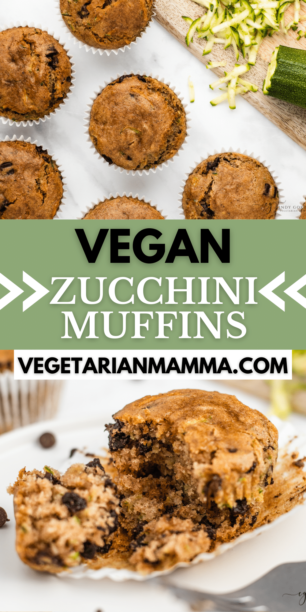 Overhead shot of zucchini muffins and a partially eaten muffin with overlay text