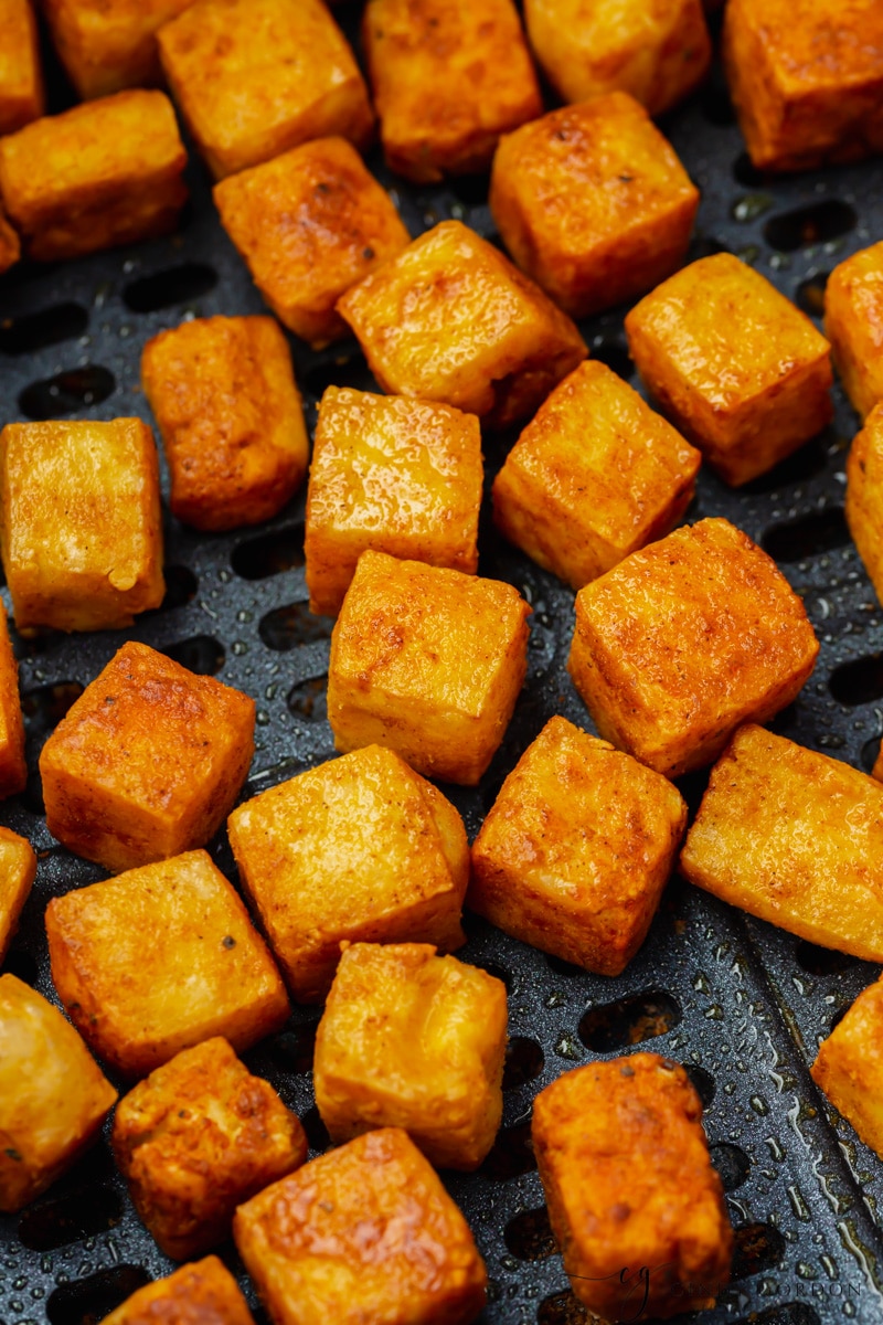 upclose shot of air fryer tofu