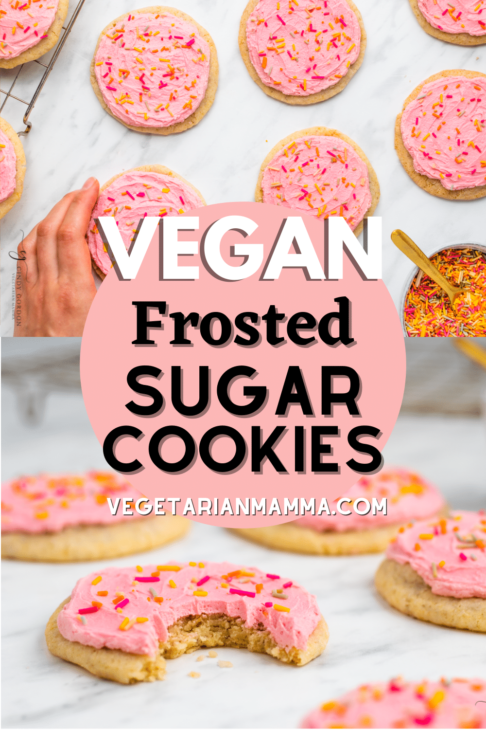 These Vegan Frosted Sugar Cookies are just like the bakery treats you love with all plant-based ingredients! Whip them up in just 30 minutes and top with a homemade pink vegan buttercream frosting and plenty of sprinkles.