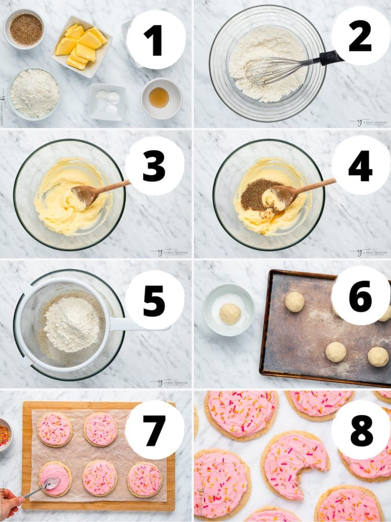 Collage of 8 steps  showing how to make vegan frosted sugar cookies