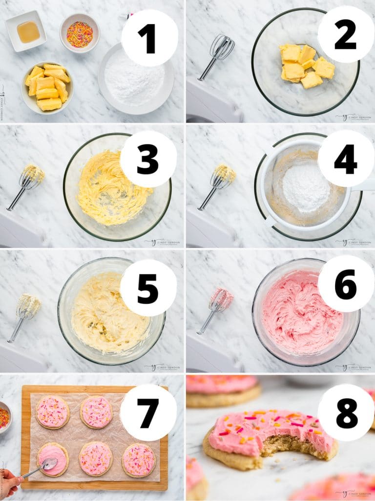 Collage of 8 steps to make vegan buttercream frosting for sugar cookies