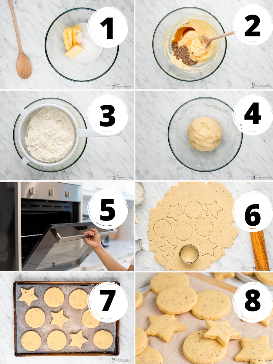 A collage of 8 steps to make the best crunchy vegan sugar cookies