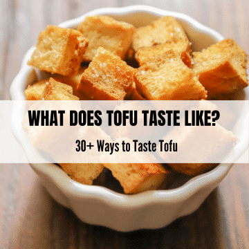 text overlay saying WHAT DOES TOFU TASTE LIKE? over crispy cooked brown tofu