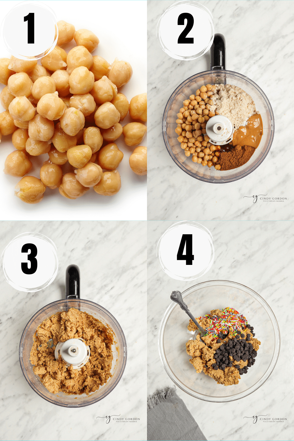 Collage of 4 steps to bake edible chickpea cookie dough