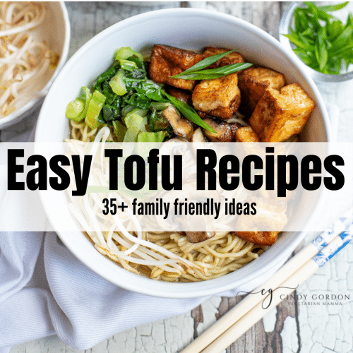 text overlay saying: Easy Tofu Recipes 35+ family friendly ideas White bowl with tofu ramen soup and wooden chopsticks on a white rustic painted background