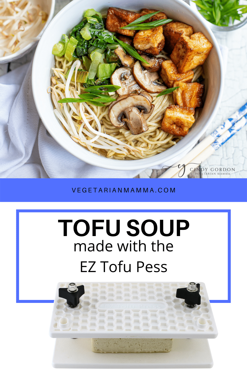 Overhead shot of a bowl of tofu soup with a tofu press and overlay text