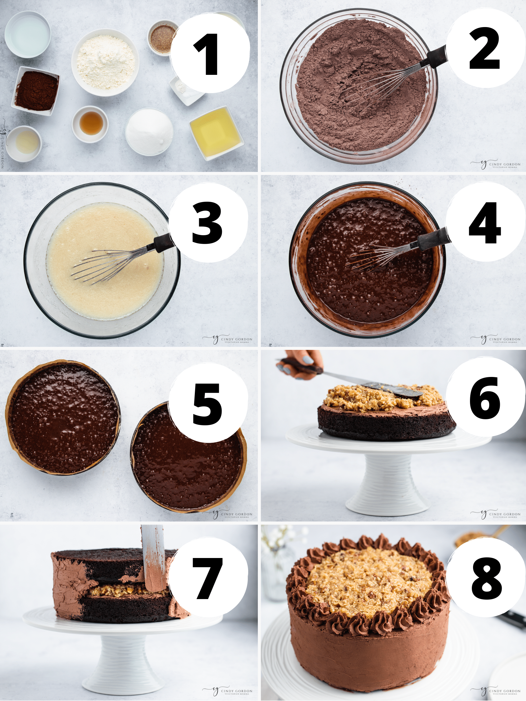 Collage of 8 steps to make the best vegan German chocolate cake