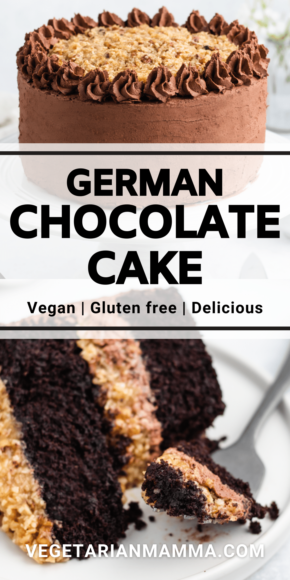 A bite of vegan German chocolate cake on a fork with overlay text