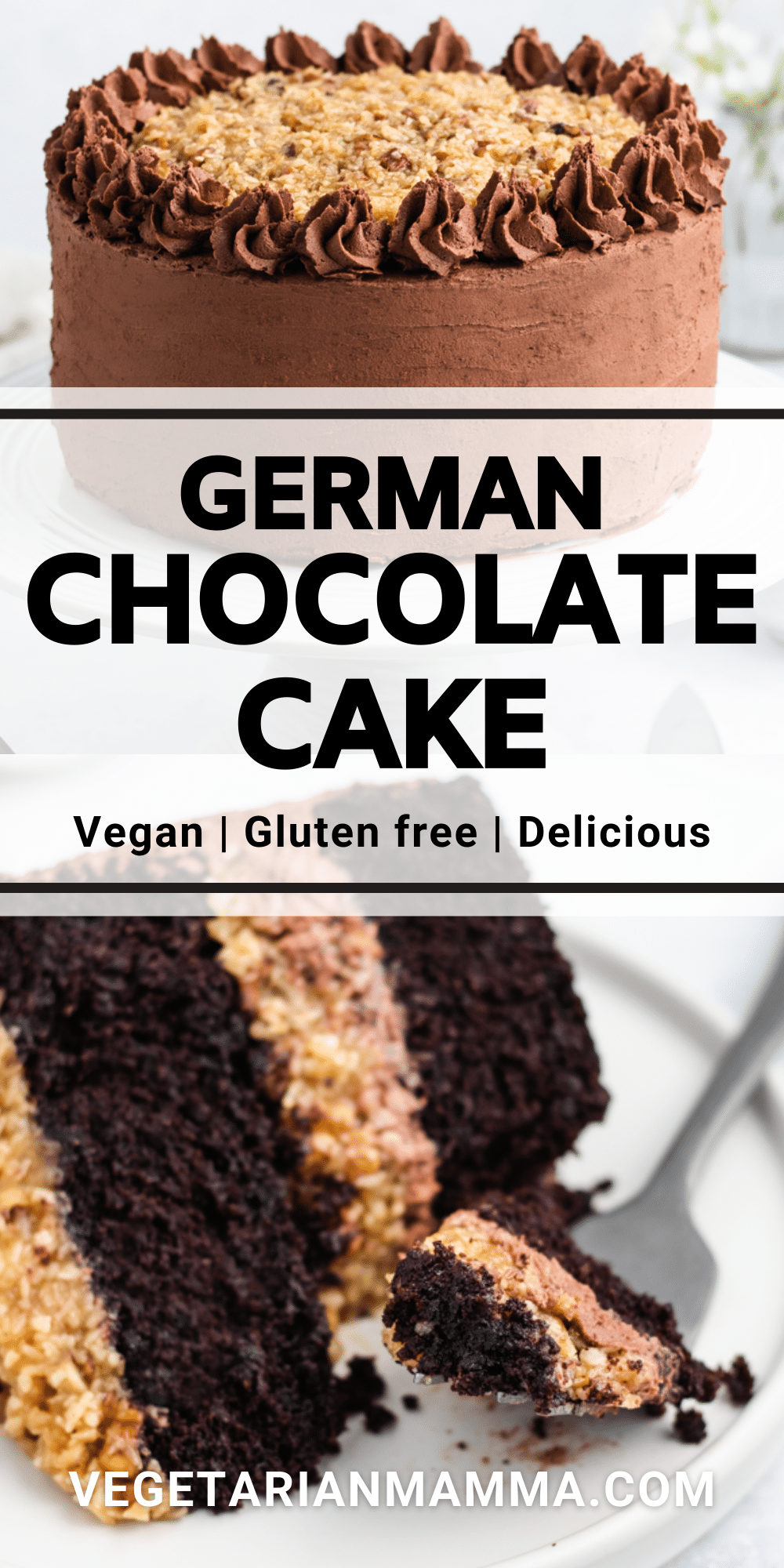 Make the best vegan German chocolate cake from scratch! The moist chocolate cakes are topped with coconut and pecan icing and creamy chocolate buttercream.