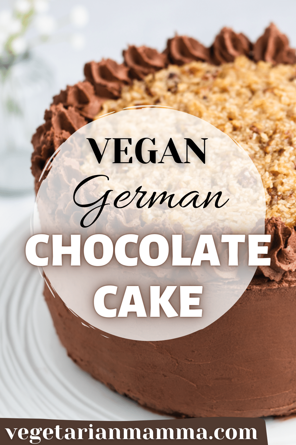 Make the best vegan German chocolate cake from scratch! The moist chocolate cakes are topped with coconut and pecan icing and creamy chocolate buttercream.