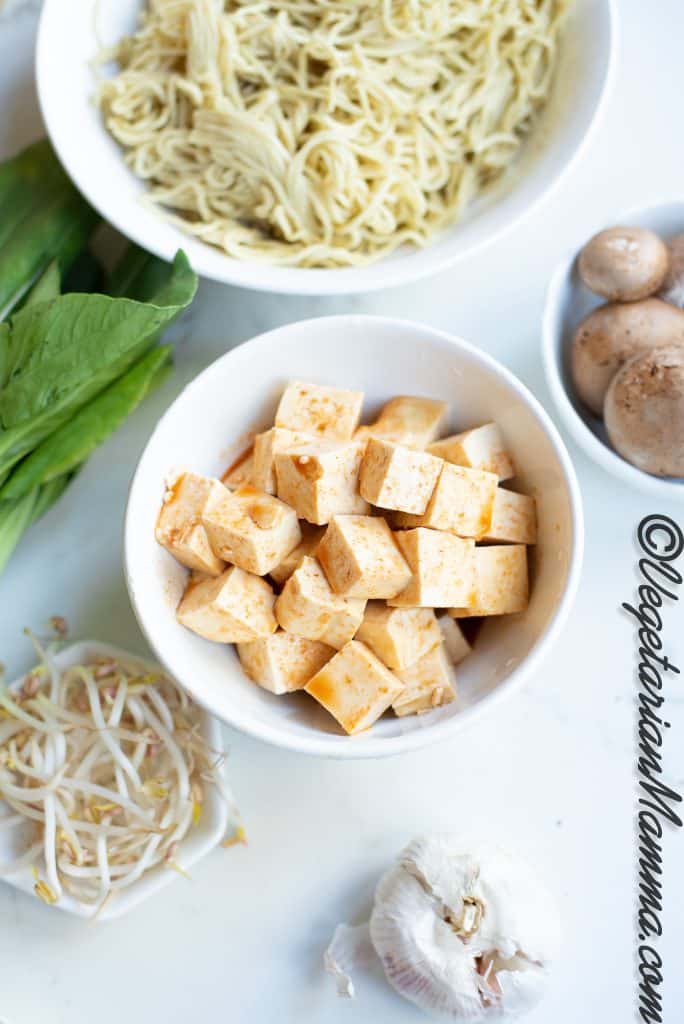 cubed tofu, noodles, and sprouts