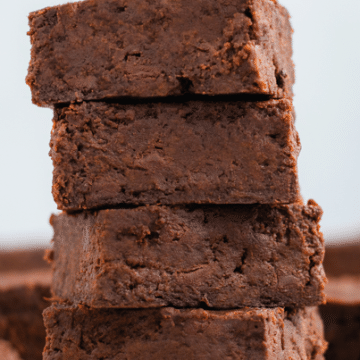 Close-up shot of 3 moist chocolate chip brownies in a stack