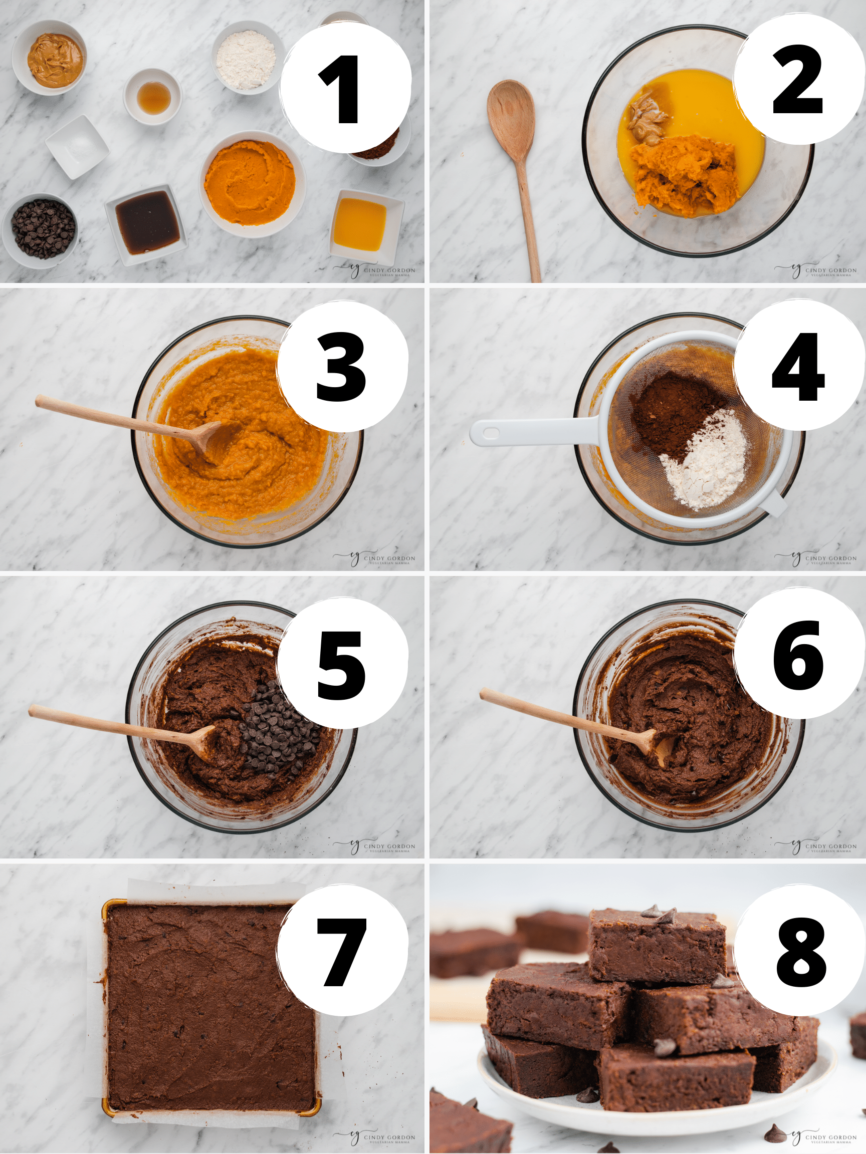 Collage of 8 steps to make the best vegan sweet potato brownies
