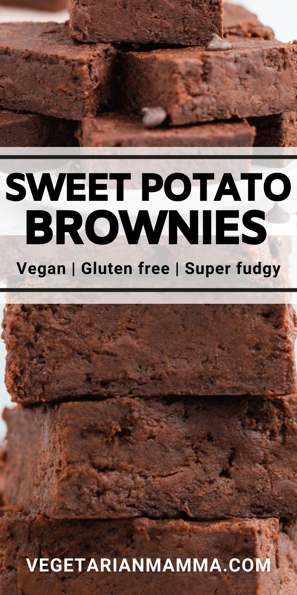 A stack of gluten-free sweet potato brownies with overlay text