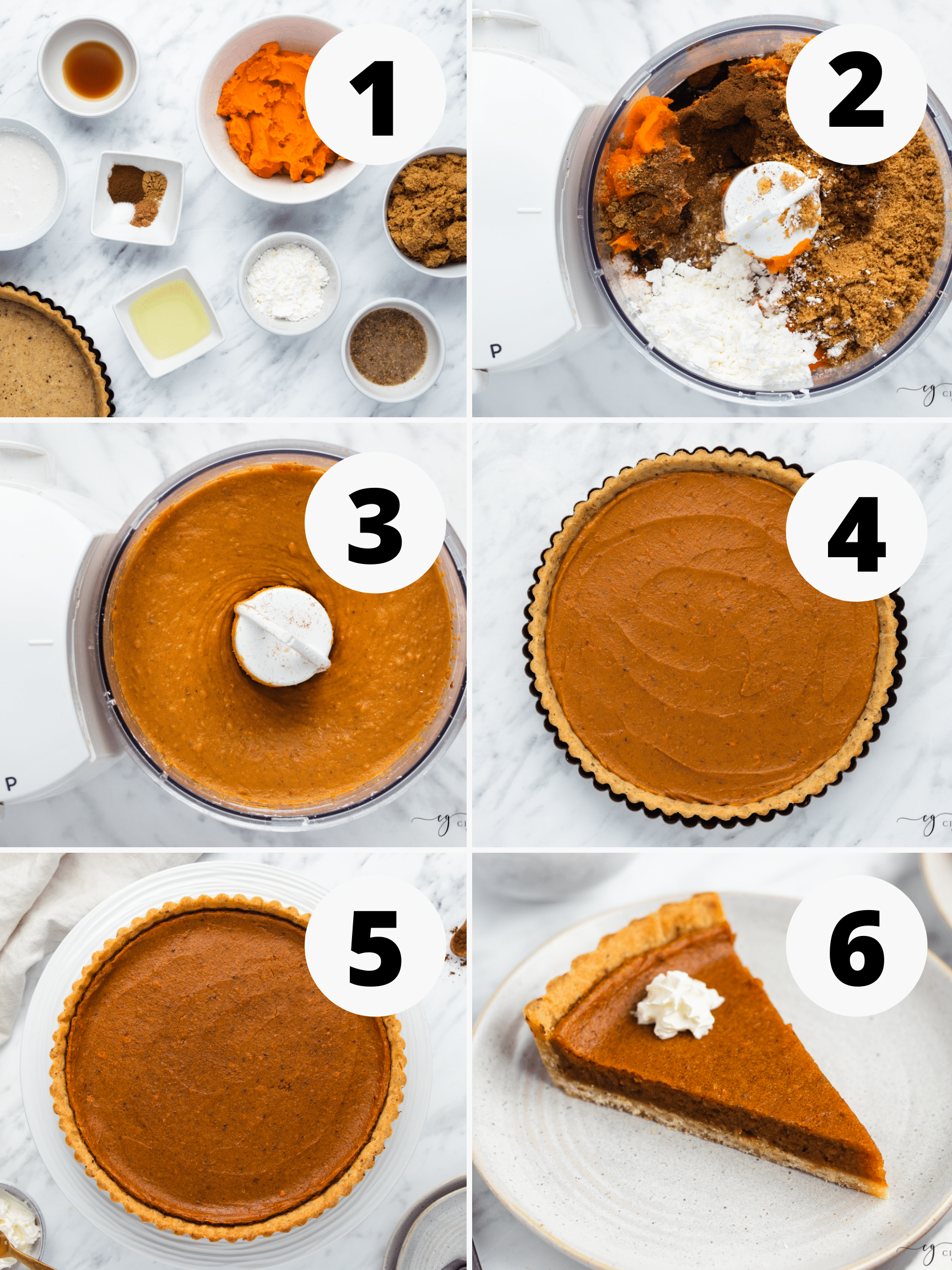 Collage of 6 steps to make the best vegan sweet potato pie