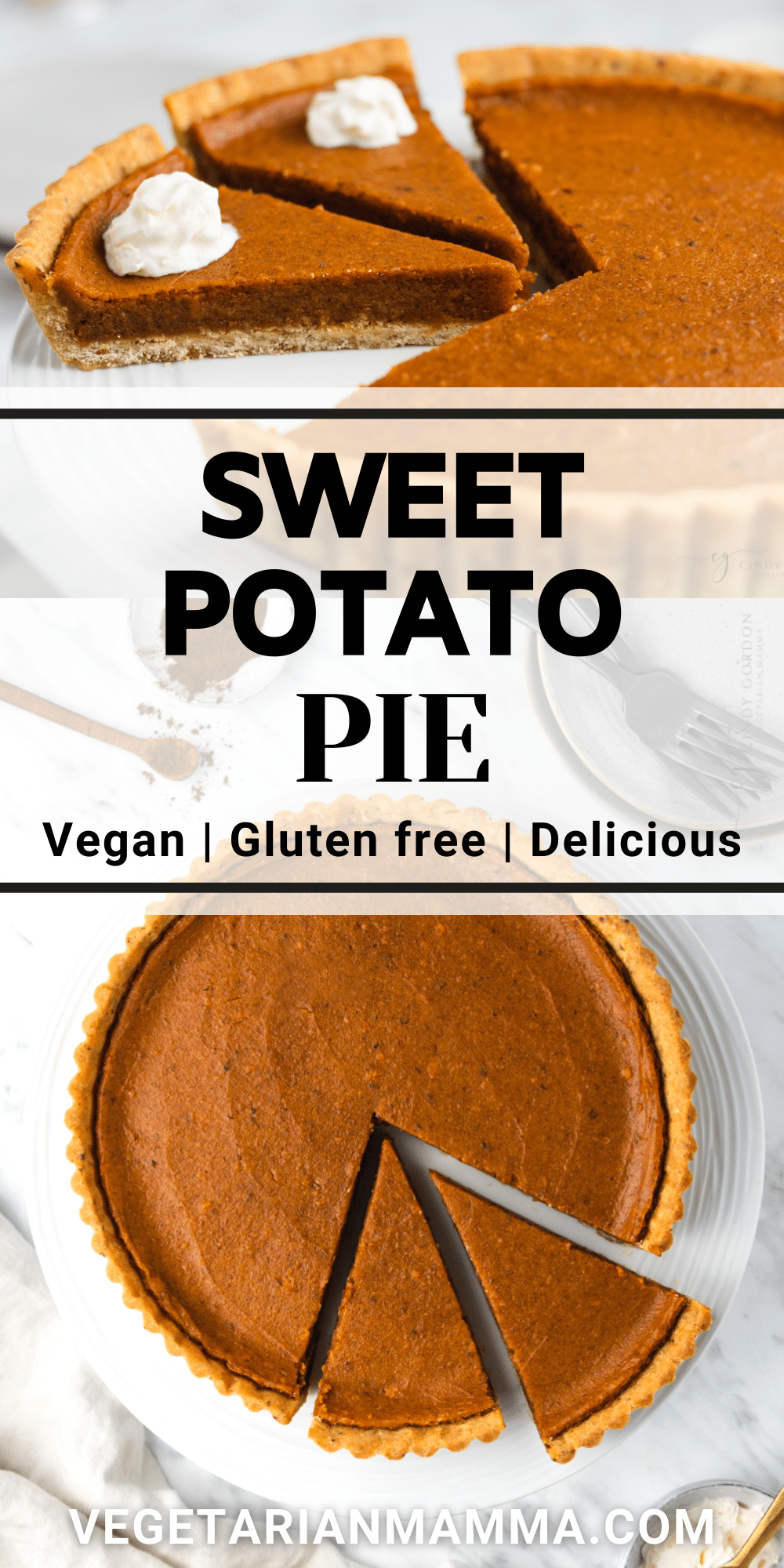 Slices of vegan sweet potato pie with overlay text