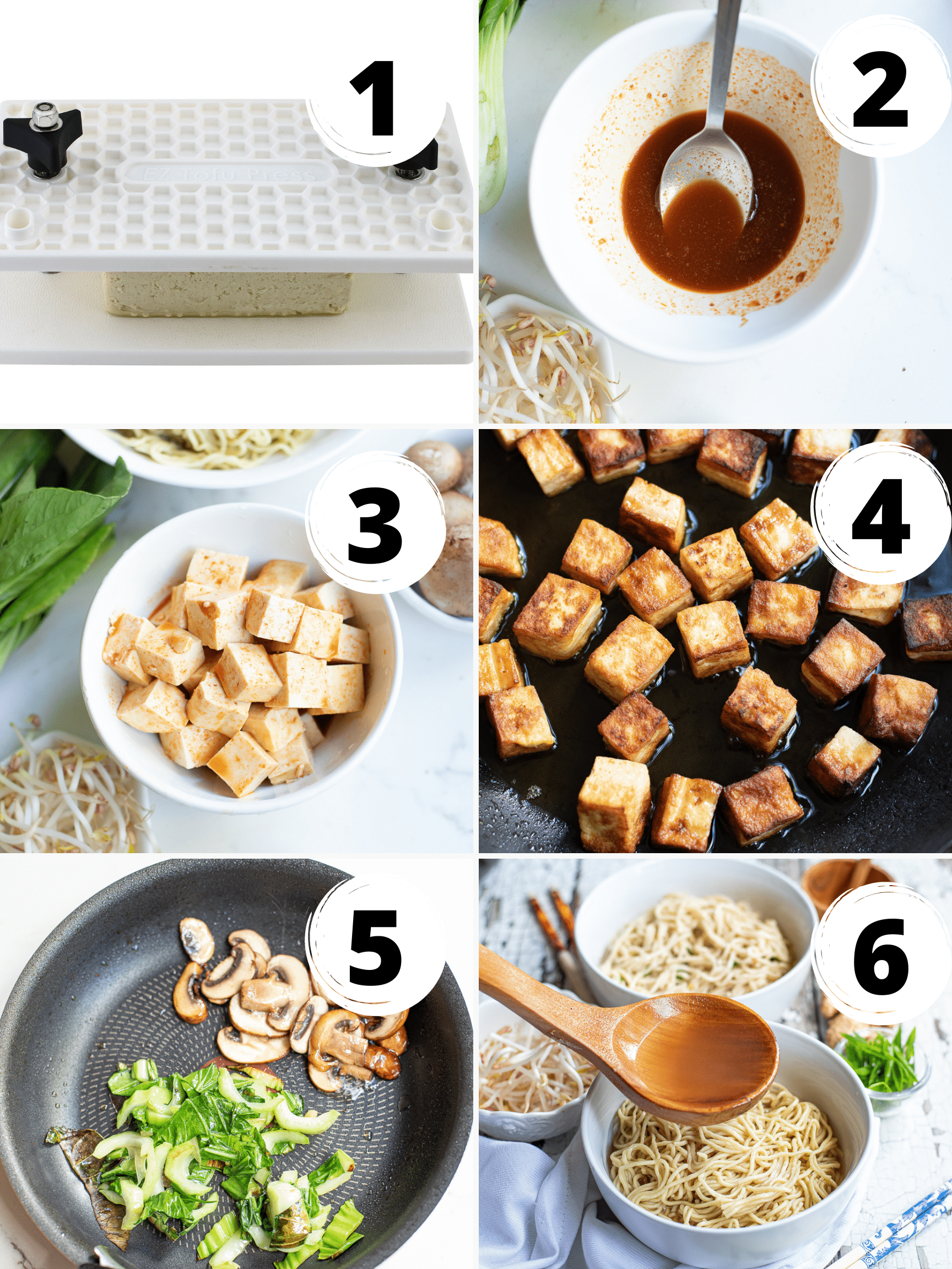 Collage of 6 steps to make the best crispy tofu soup