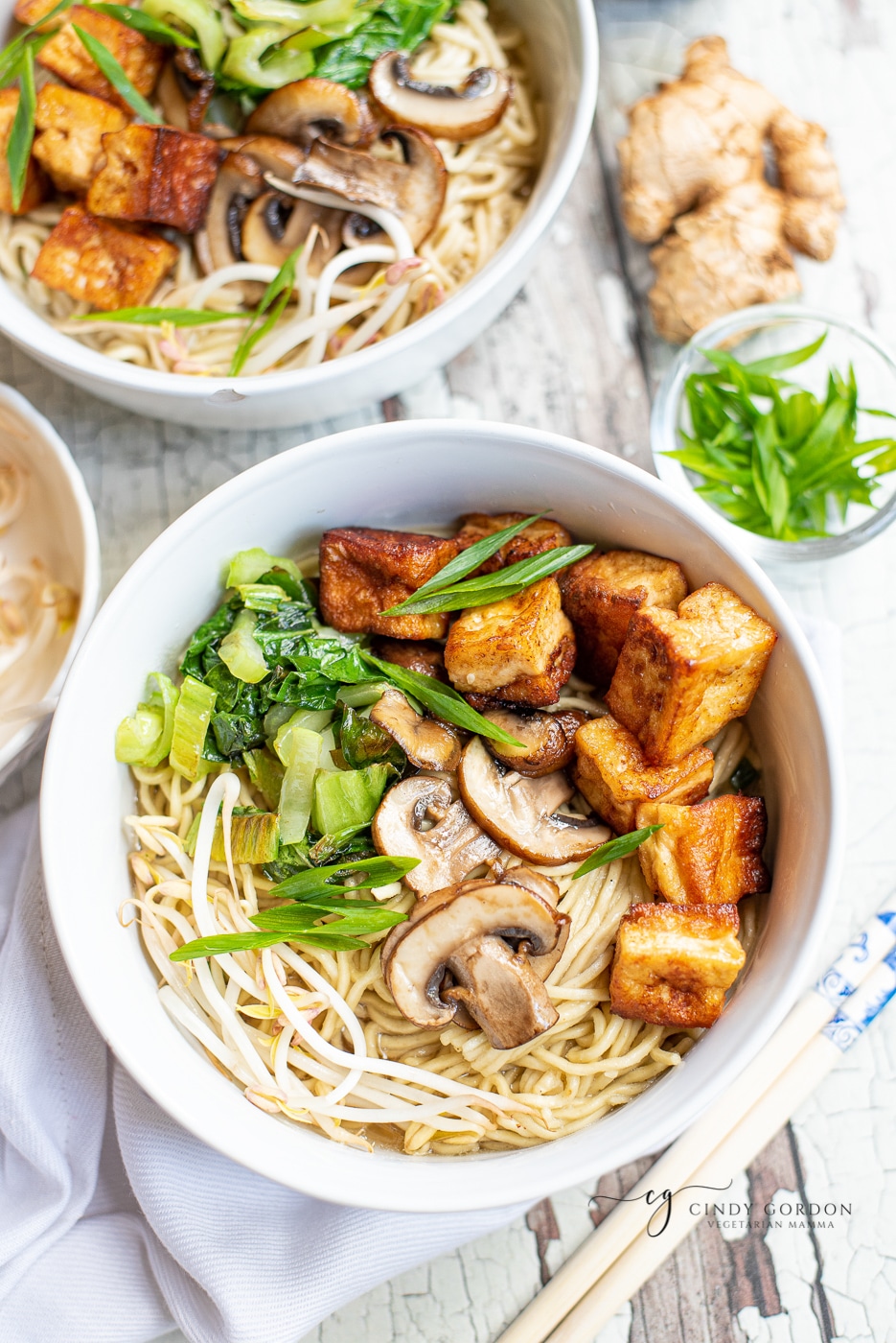 Overhead shot of a white bowl of tofu soup with mushrooms, bok choy, and sprouts