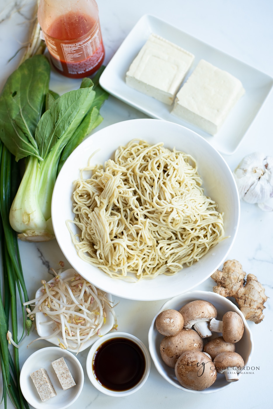 Bowls of noodles, sprouts, tofu, mushrooms, soy sauce, and sesame oil with ginger and garlic