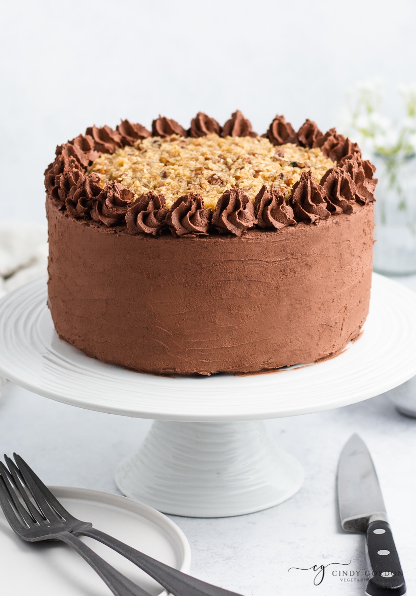 Side view of a whole German chocolate cake frosted with chocolate buttercream and coconut pecan icing