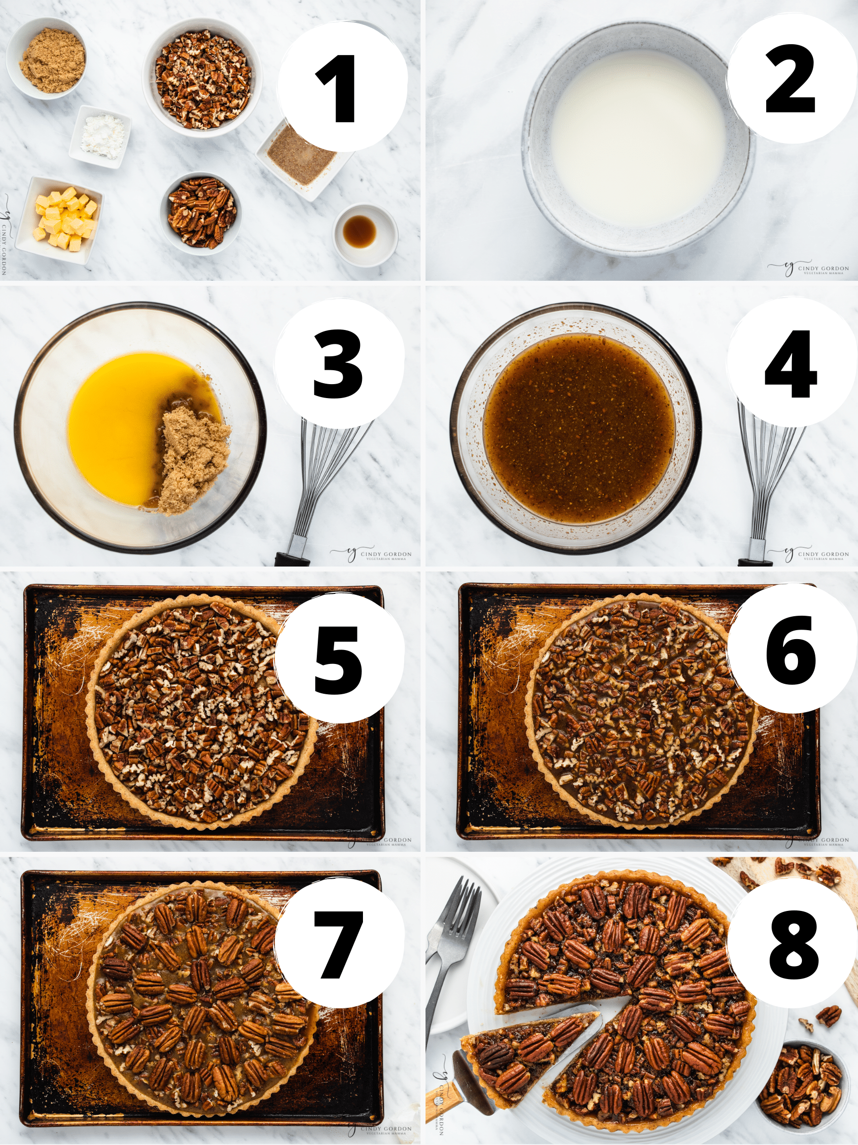 Collage of 8 steps to make the best vegan pecan pie