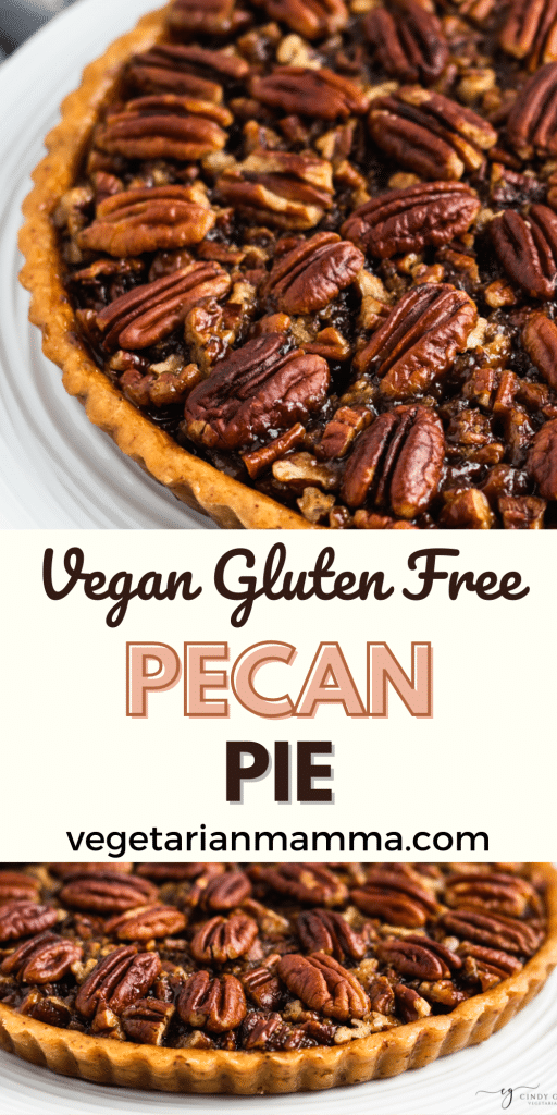 Close-up photos of a vegan pecan pie with overlay text