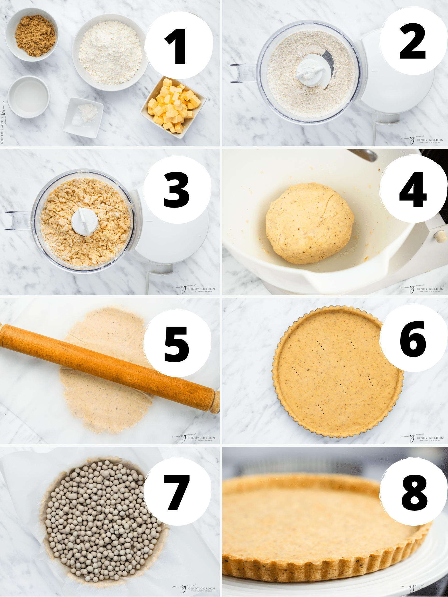 Collage of 8 steps to make the best vegan pie crust in a food processor