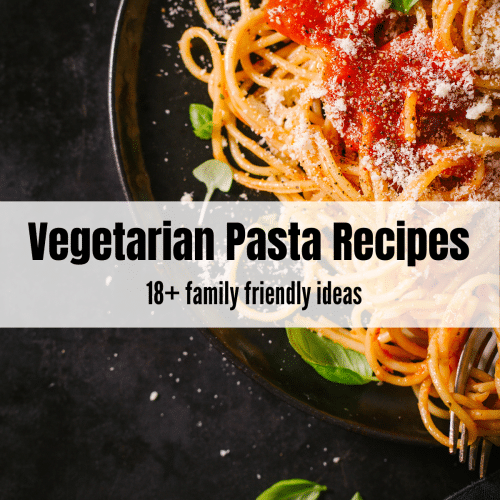 black background with a black plate with long spaghetti with tomato sauce one basil leafe and parm text overlay Vegetarian Pasta Recipes