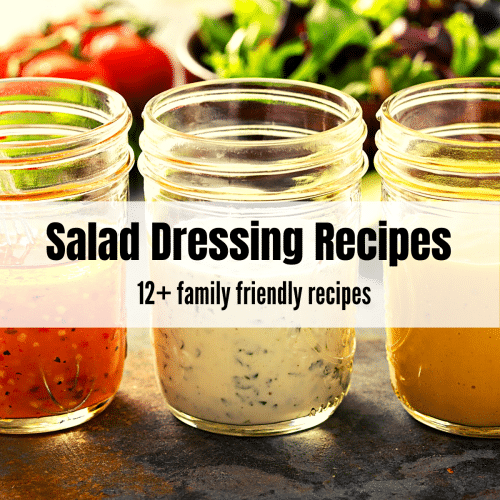 ball jars with salad dressing in them. 3 jars, left has red dressing, middle has white with green and right has yellow dressing. Tomato and greens in back with text overlay: salad dressing recipes