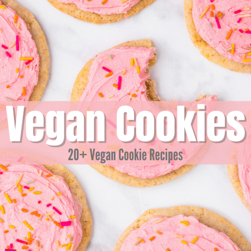 pink frosted cookies with sprinkles and one cookie in the middle has a bite taken out of it. Text overlay says: vegan cookies 20+ vegan cookie recipes