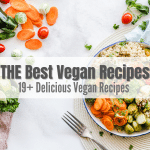 Text Overlay: The best vegan recipes over a white back ground with some salad ingredients to the top left (cut carrots, tomatoes, greens) then a white bowl of grains, carrots, green veggies to the bottom right.