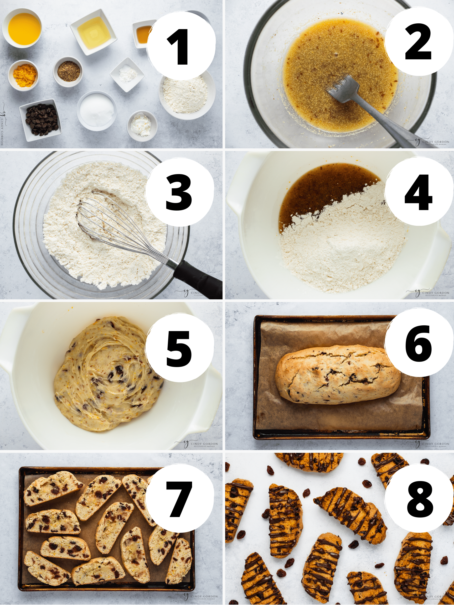 Collage of 8 steps to make the crunchiest biscotti with chocolate