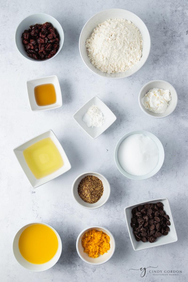 Bowls of flour, sugar, chocolate, cranberries, flax seed, oil, and other biscotti ingredients