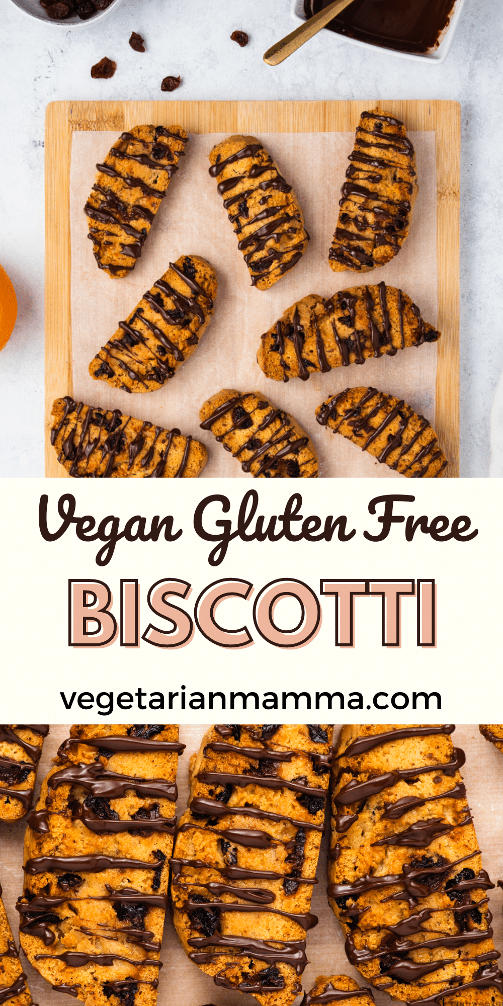 These Vegan Biscotti are crunchy, chocolatey, and perfect for the holidays! Add orange zest and dried cranberries to the gluten-free cookies for a festive breakfast treat or afternoon snack.