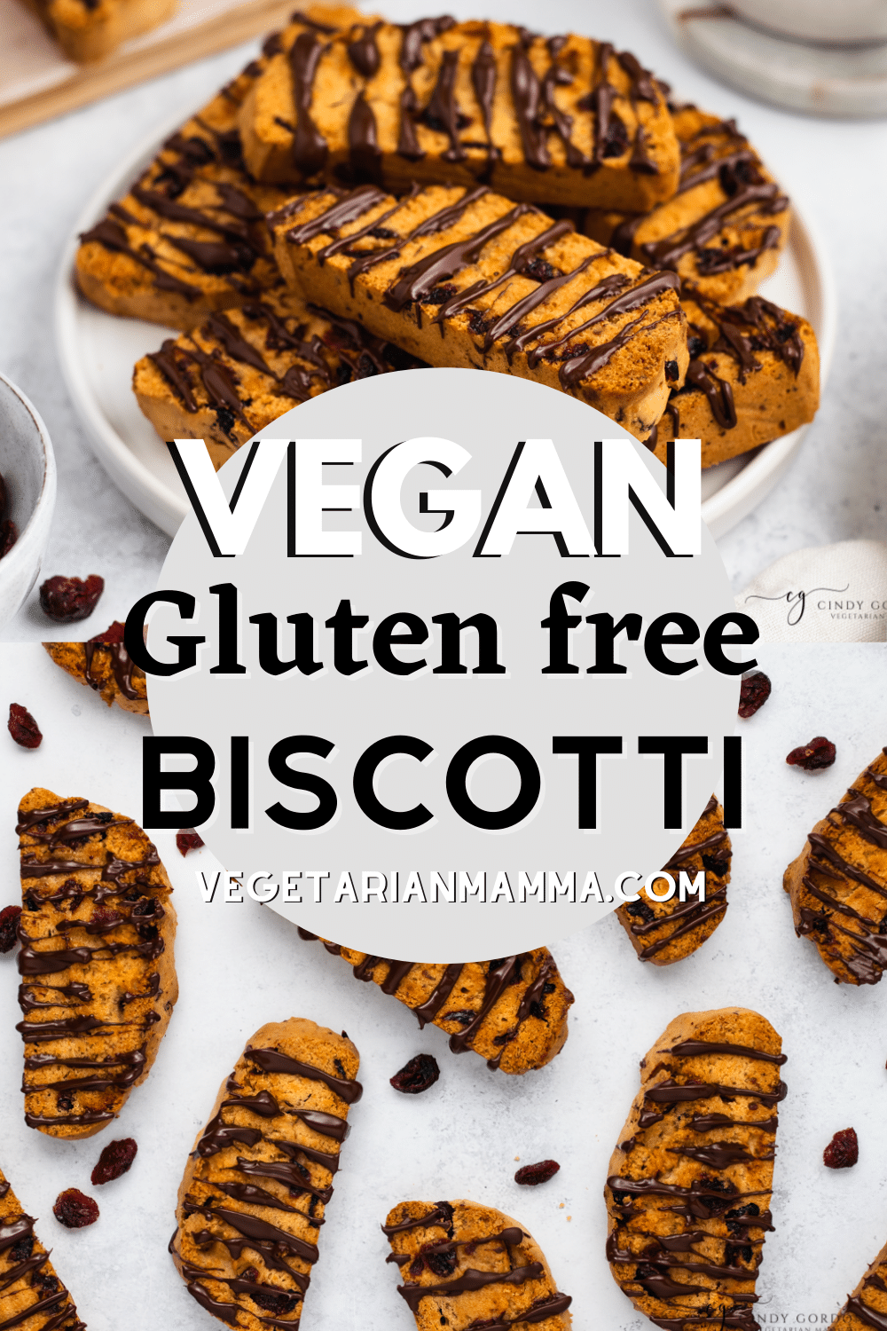 These Vegan Biscotti are crunchy, chocolatey, and perfect for the holidays! Add orange zest and dried cranberries to the gluten-free cookies for a festive breakfast treat or afternoon snack.