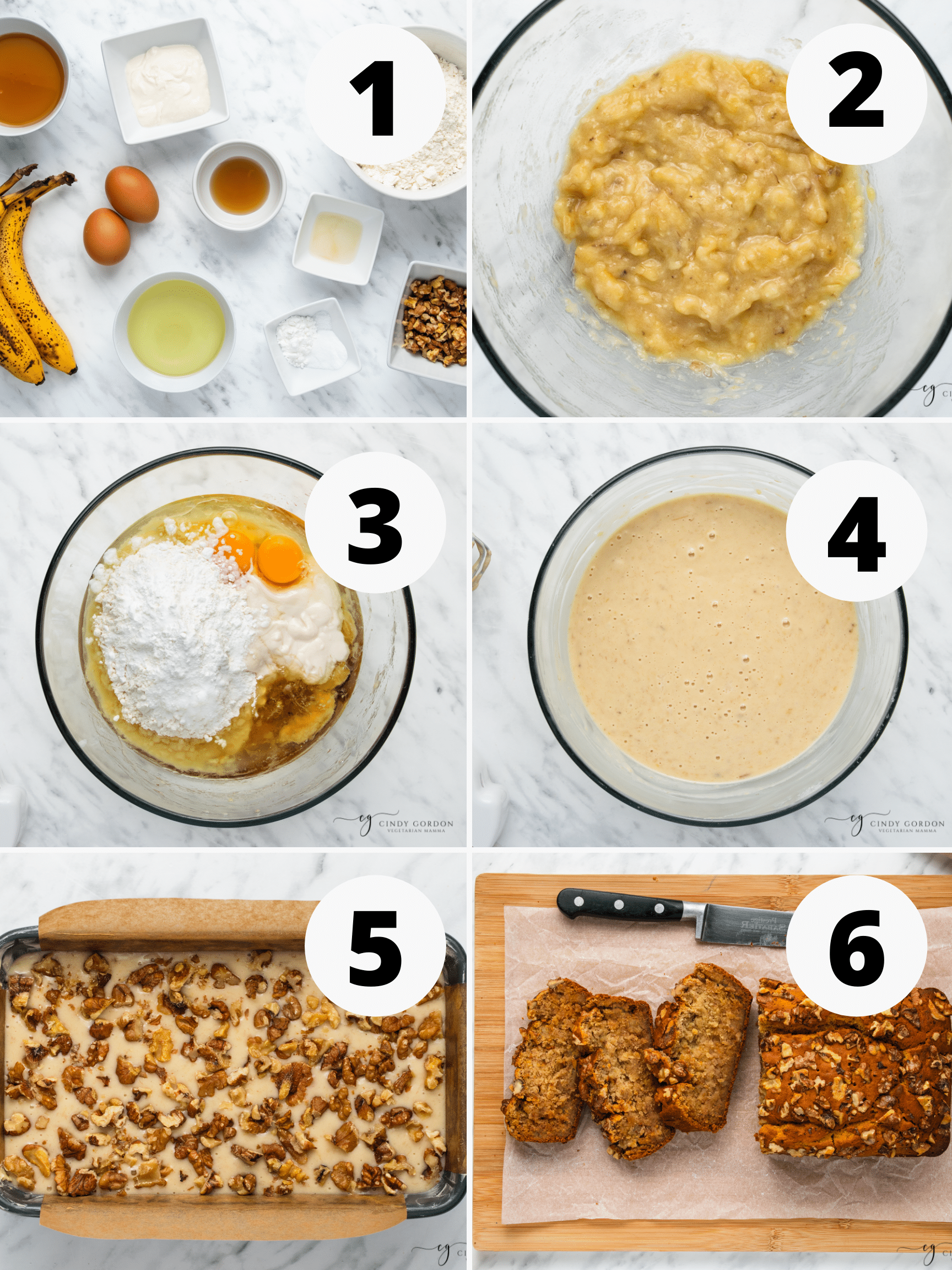 A collage of 6 easy steps to make the best banana bread with walnuts