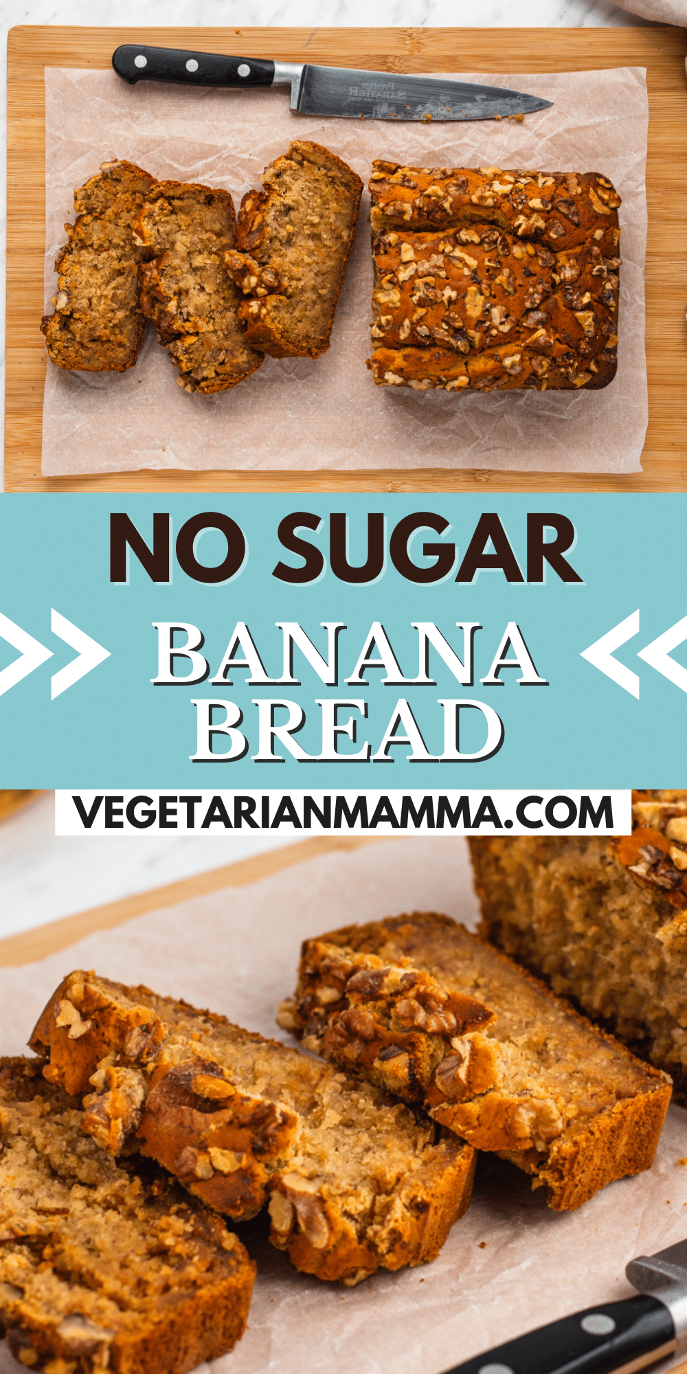 This no sugar banana bread is so moist and naturally sweet! Start your day right with a fluffy slice of gluten-free banana bread topped with crunchy walnuts.