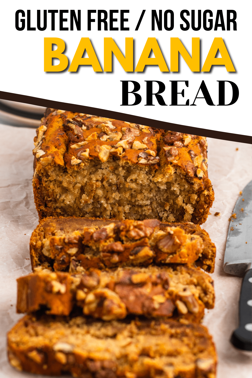 This no sugar banana bread is so moist and naturally sweet! Start your day right with a fluffy slice of gluten-free banana bread topped with crunchy walnuts.