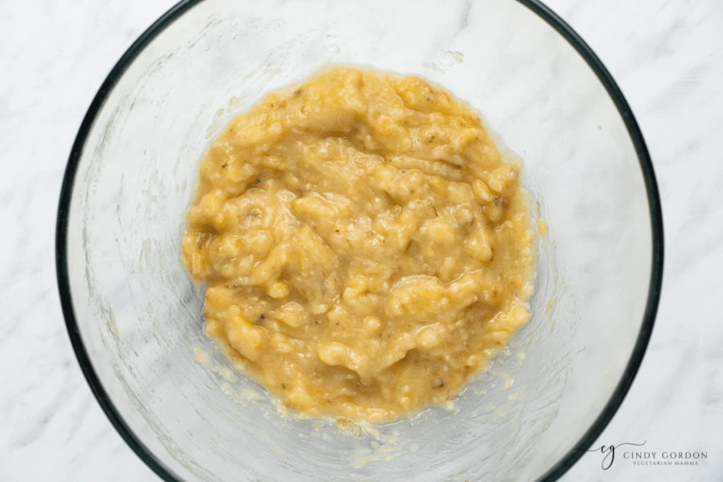 mashed bananas in a glass bowl