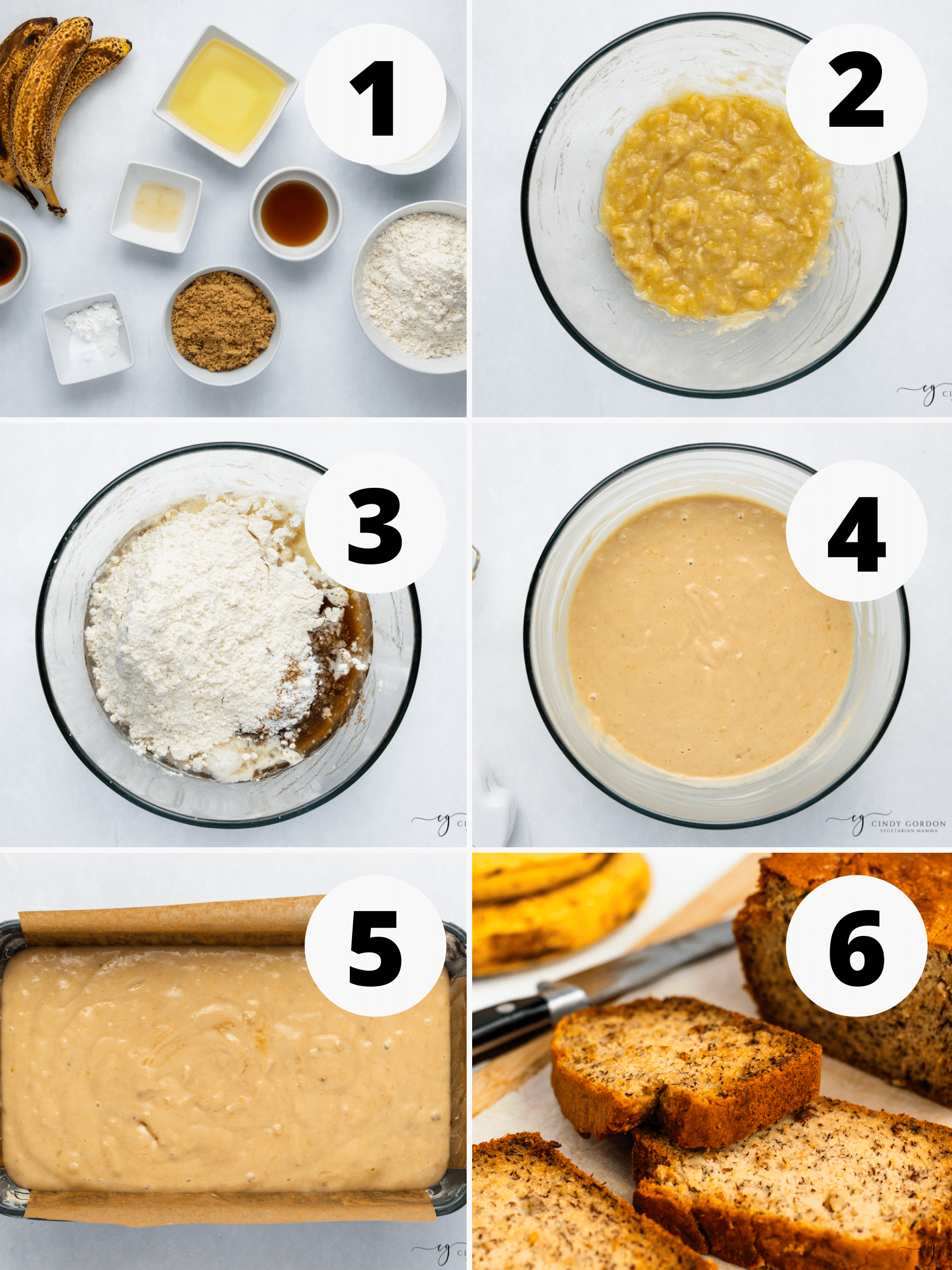 Collage of 6 steps to make the best vegan banana bread without gluten
