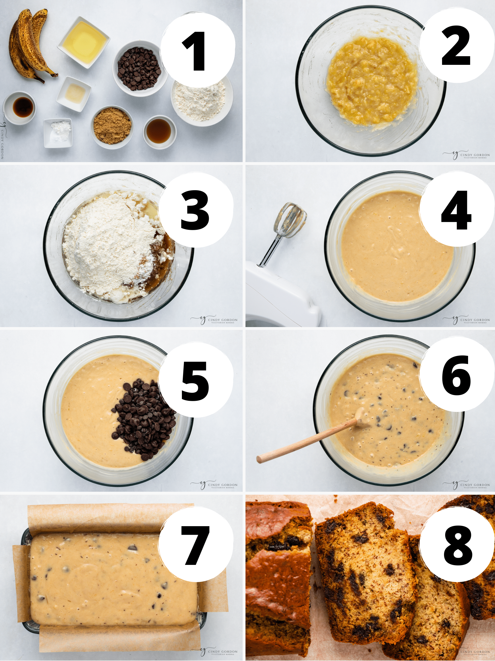 Collage of 8 easy steps to make the best vegan chocolate chip banana bread