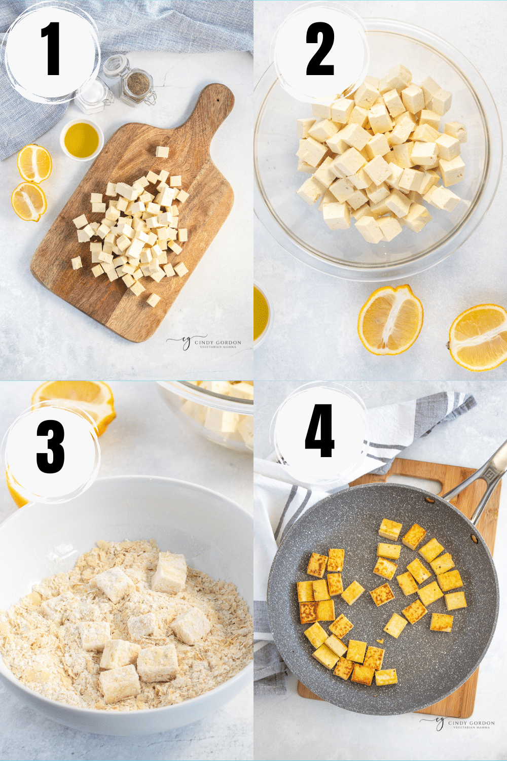 Collage of 4 steps to make the best vegan tofu croutons