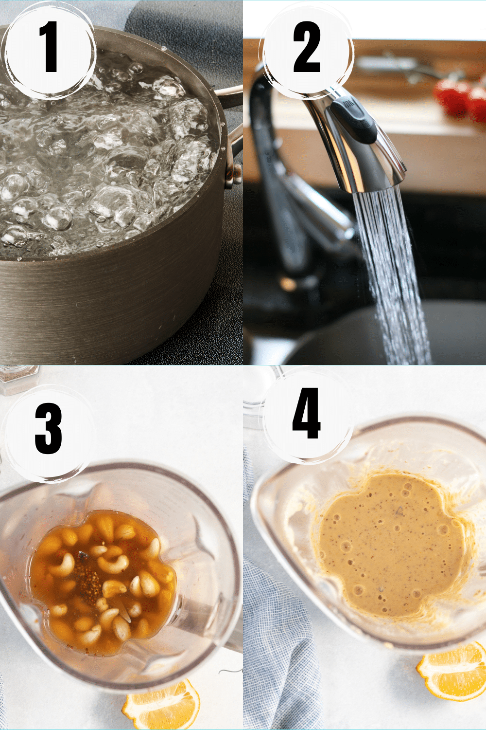 A collage of 4 easy steps to make vegan Caesar salad dressing