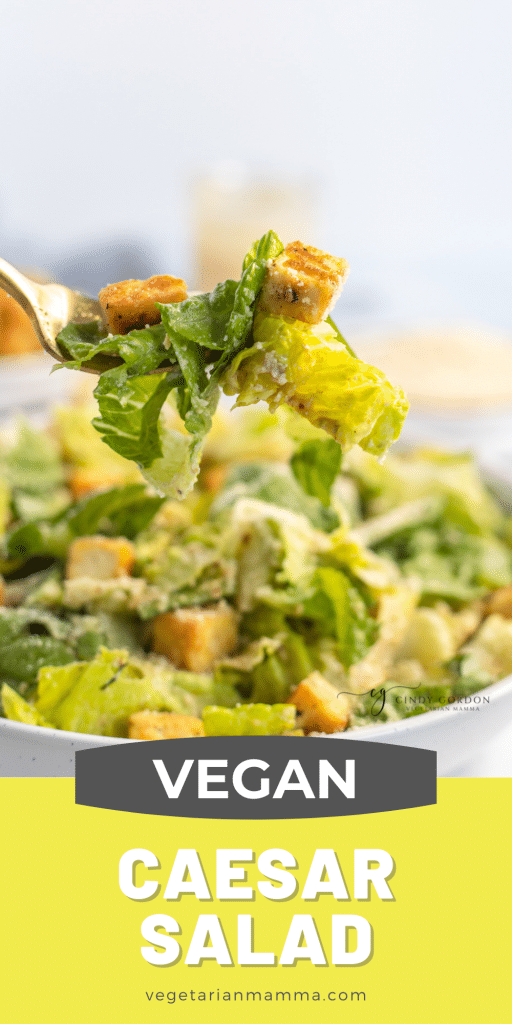 A bite of Caesar salad on a fork above a whole salad with overlay text