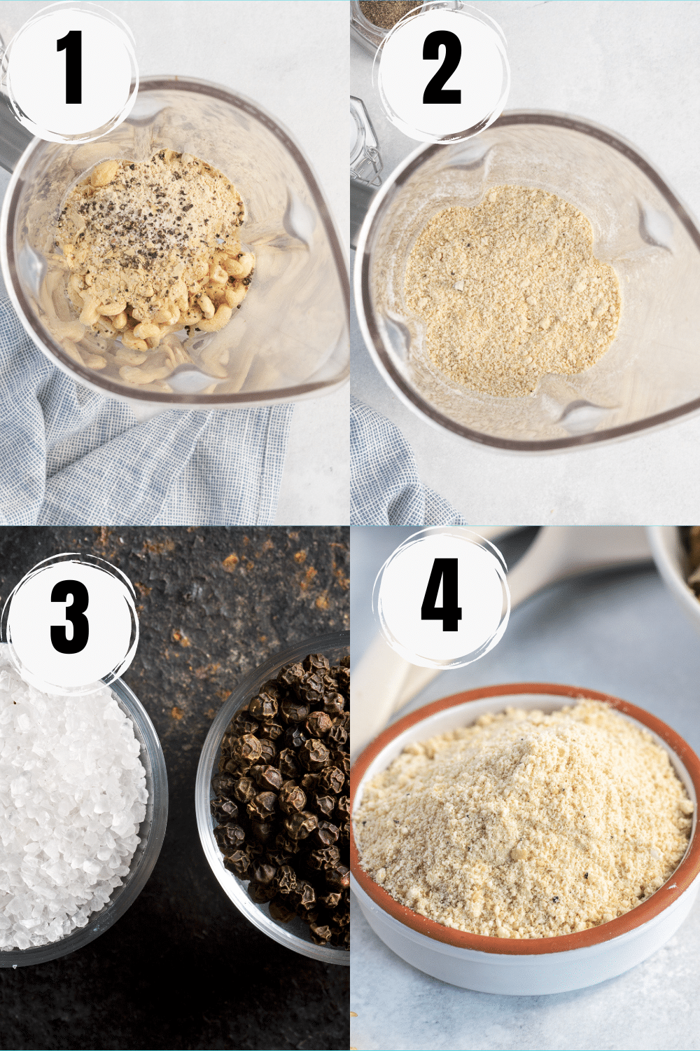 A collage of 4 steps to make the best vegan Parmesan cheese