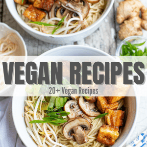 overhead shot of two white bowls filled with toful raman noodles and broth with some greens and text overlay: vegan recipes